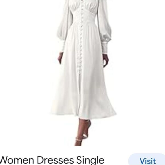 Spring Women White Dress V-neck Lantern Sleeve Dress Slim Solid Dress Mid-nwot - Picture 3 of 15